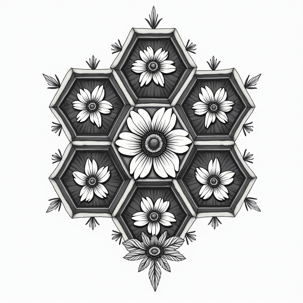 Hex hive structure with bees, gladiolus and poppyin ornamental tattoo style, featuring intricate symmetrical patterns and floral designs, showcasing highly detailed line work and geometric shapes, creating a sense of elegance and balance