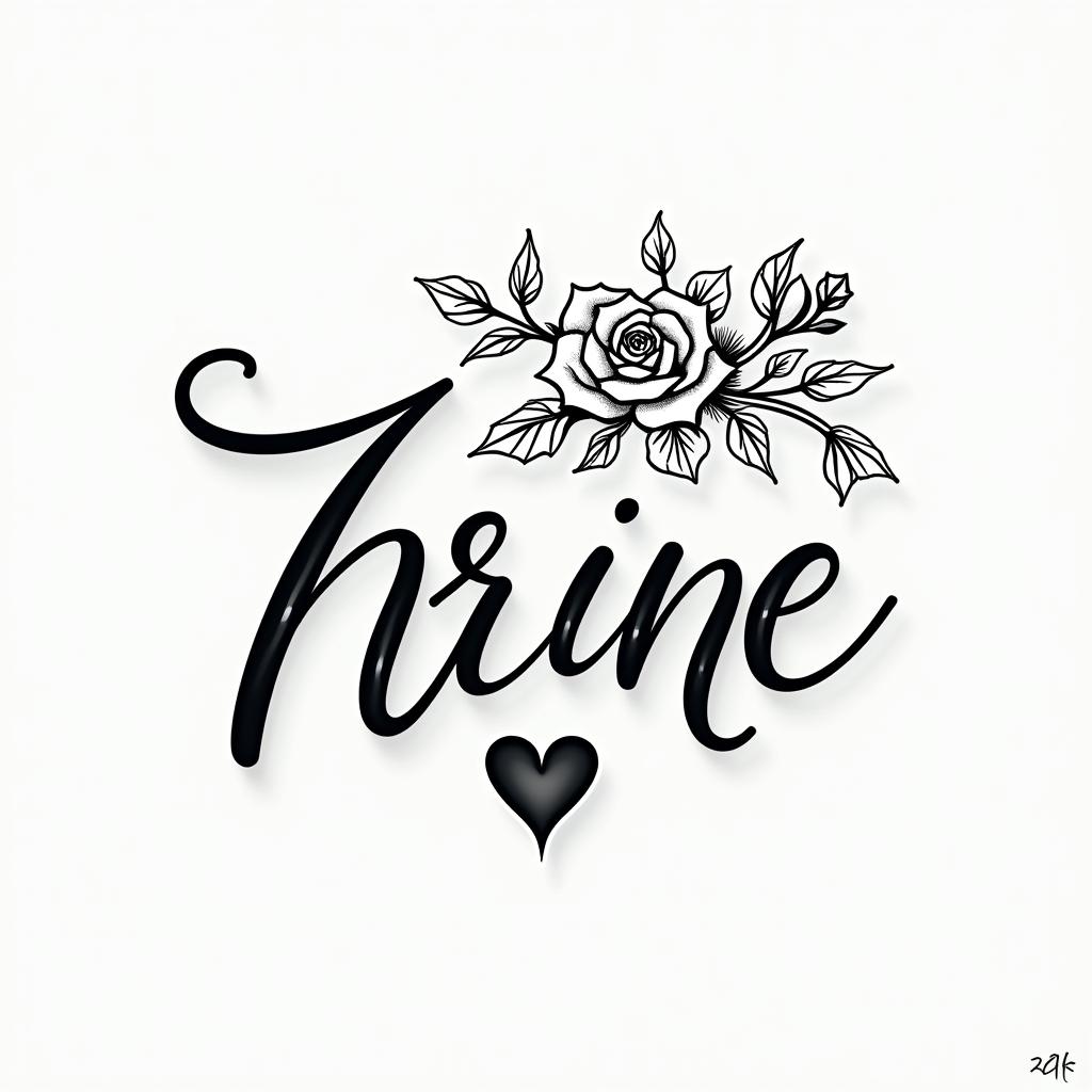 Herminein elegant cursive calligraphy style 2d tattoo, decorate with roses, featuring a smooth and flowing handwritten script with slightly thickened strokes for a luxurious and bold appearance,  heart symbol between names,  sleek and glossy black text with shadowing, minimalist matte white background, clean and sharp edges, illuminated with soft lighting, romantic, 8k, high-quality textures with refined typography - Variation 5