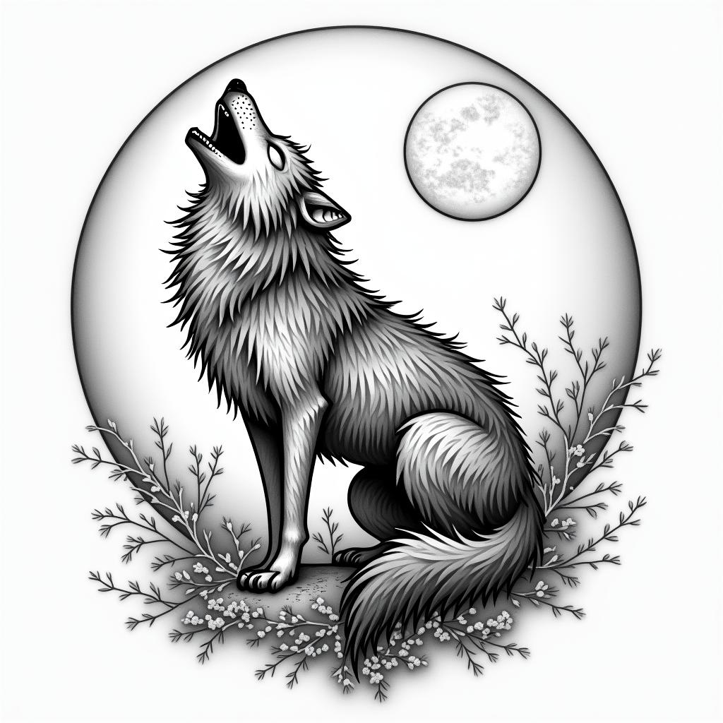Howling wolf under a full moonin japanese style tattoo, detailed tattoo, traditional japanese culture tattoo, mythology, 8k - Variation 2
