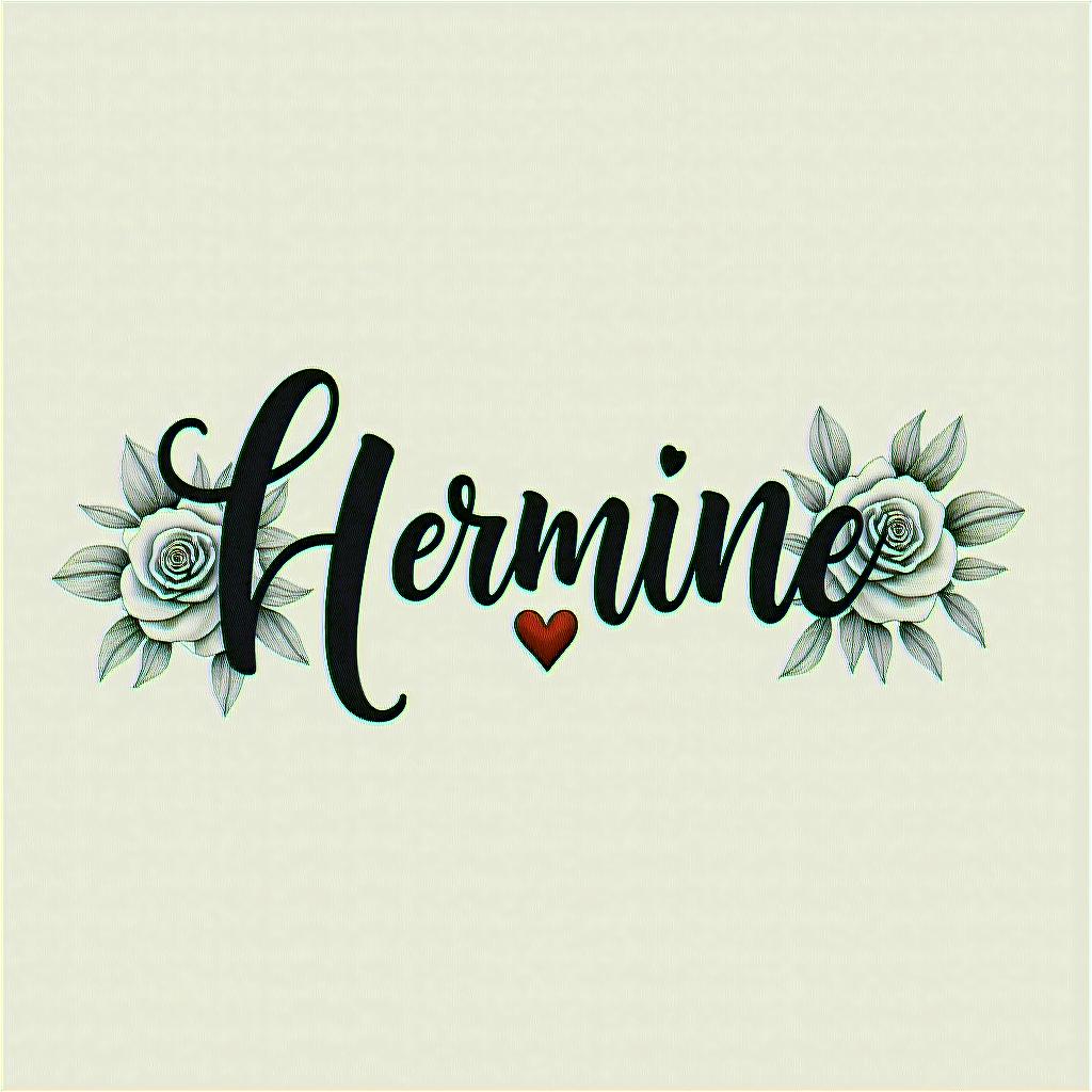 Herminein elegant cursive calligraphy style 2d tattoo, decorate with roses, featuring a smooth and flowing handwritten script with slightly thickened strokes for a luxurious and bold appearance,  heart symbol between names,  sleek and glossy black text with shadowing, minimalist matte white background, clean and sharp edges, illuminated with soft lighting, romantic, 8k, high-quality textures with refined typography - Variation 3