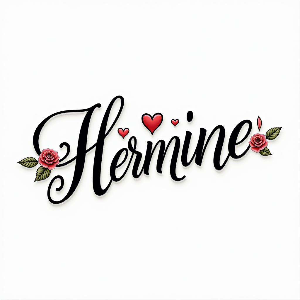 Herminein elegant cursive calligraphy style 2d tattoo, decorate with roses, featuring a smooth and flowing handwritten script with slightly thickened strokes for a luxurious and bold appearance,  heart symbol between names,  sleek and glossy black text with shadowing, minimalist matte white background, clean and sharp edges, illuminated with soft lighting, romantic, 8k, high-quality textures with refined typography - Variation 2