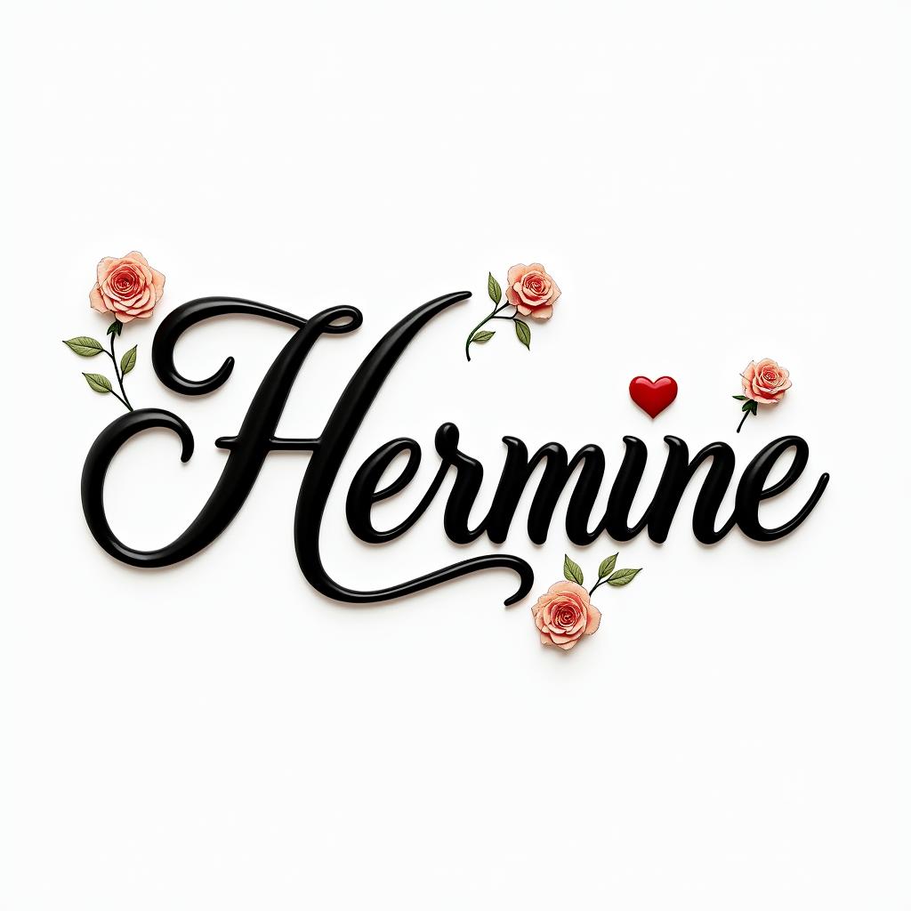 Herminein elegant cursive calligraphy style 2d tattoo, decorate with roses, featuring a smooth and flowing handwritten script with slightly thickened strokes for a luxurious and bold appearance,  heart symbol between names,  sleek and glossy black text with shadowing, minimalist matte white background, clean and sharp edges, illuminated with soft lighting, romantic, 8k, high-quality textures with refined typography