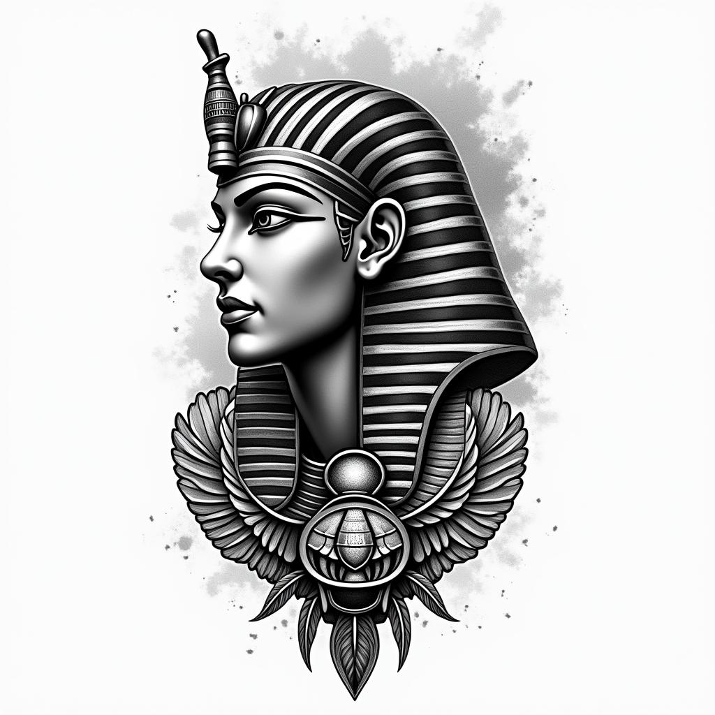 Egyptian tattooin egyptian style tattoo, bold elements of ancient egyptian culture including a portrait of an Egyptian pharaoh with detailed facial features, in hieroglyphs and symbolic imagery, eye of horus, ankh symbol, scarab beetle - Variation 4