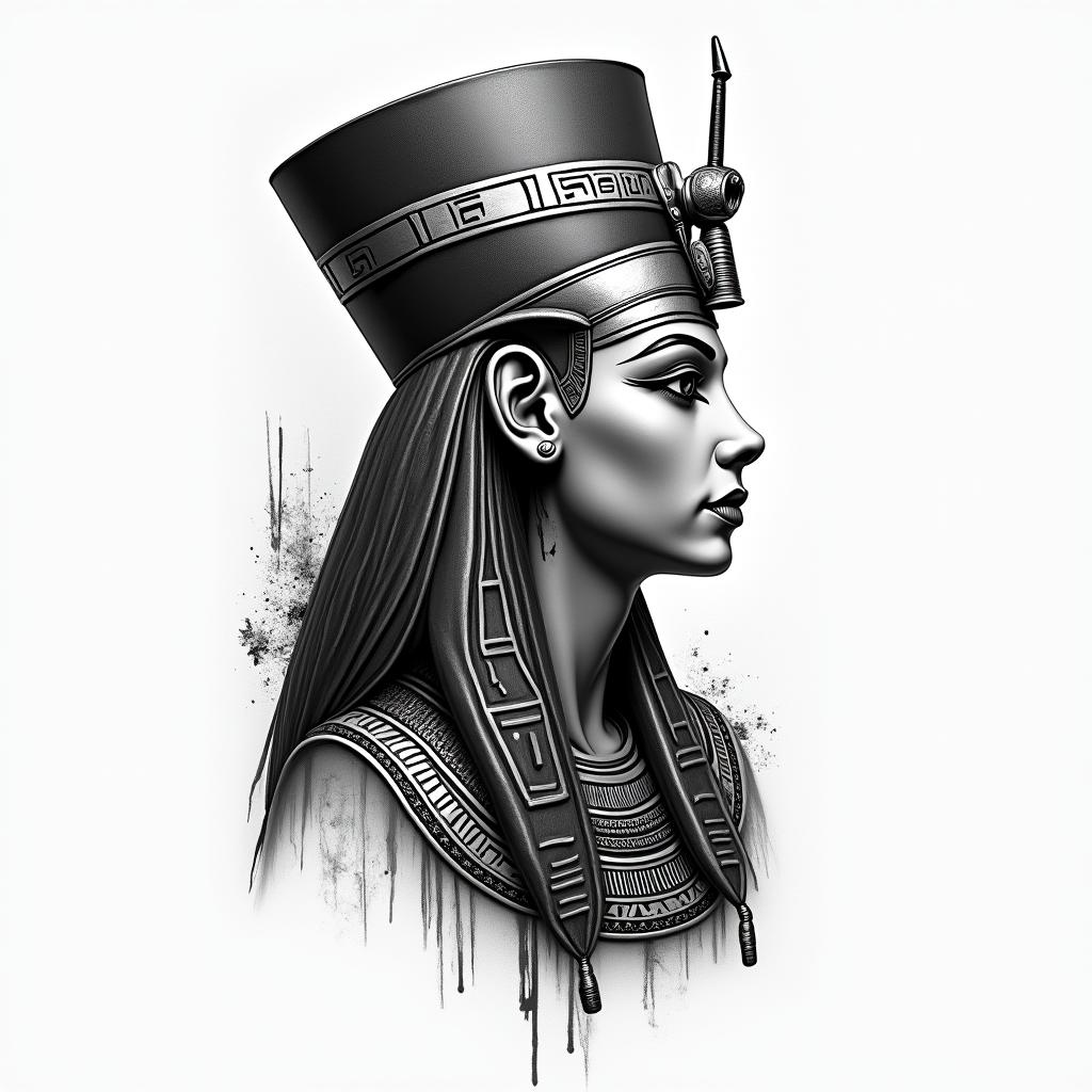 Egyptian tattooin egyptian style tattoo, bold elements of ancient egyptian culture including a portrait of an Egyptian pharaoh with detailed facial features, in hieroglyphs and symbolic imagery, eye of horus, ankh symbol, scarab beetle - Variation 2