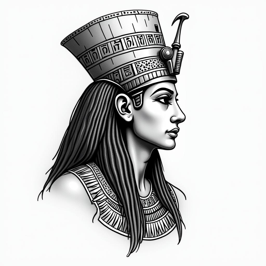 Egyptian tattooin egyptian style tattoo, bold elements of ancient egyptian culture including a portrait of an Egyptian pharaoh with detailed facial features, in hieroglyphs and symbolic imagery, eye of horus, ankh symbol, scarab beetle - Variation 3