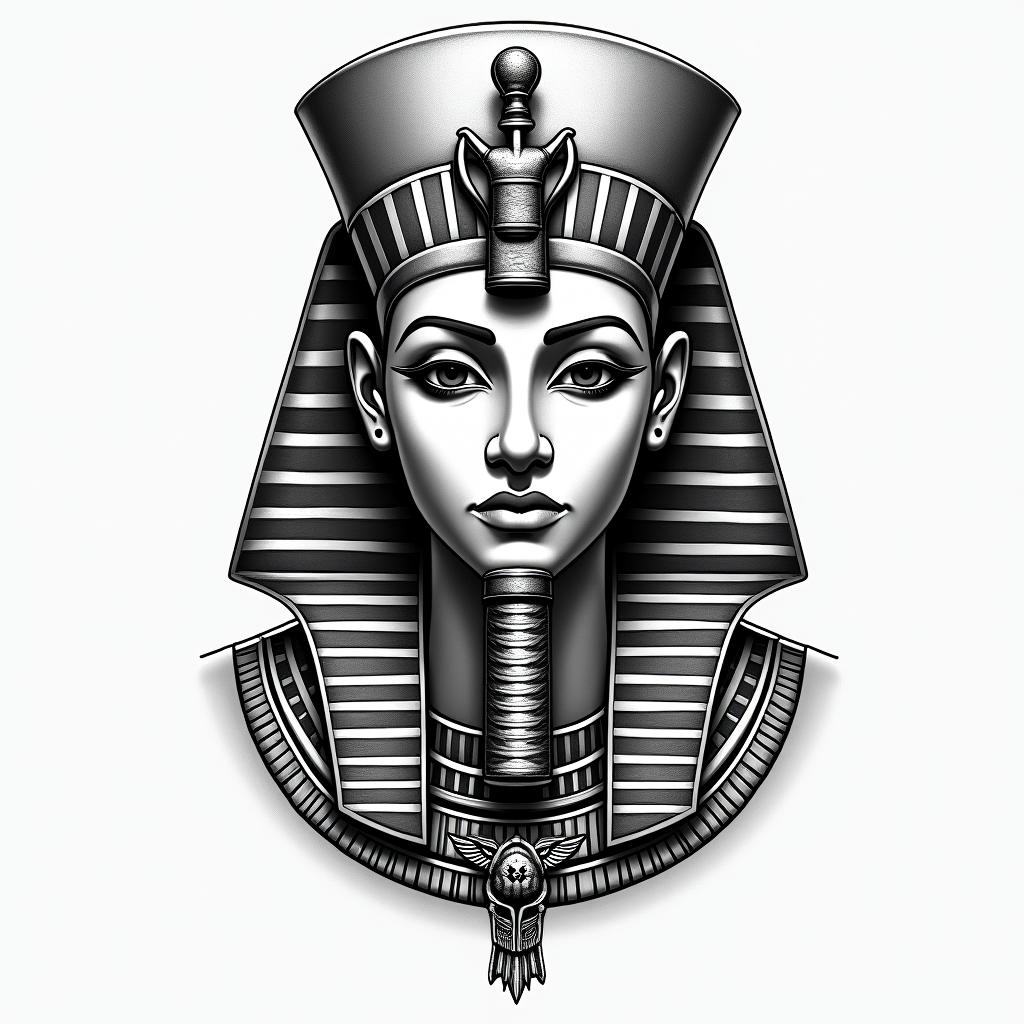 Egyptian tattooin egyptian style tattoo, bold elements of ancient egyptian culture including a portrait of an Egyptian pharaoh with detailed facial features, in hieroglyphs and symbolic imagery, eye of horus, ankh symbol, scarab beetle