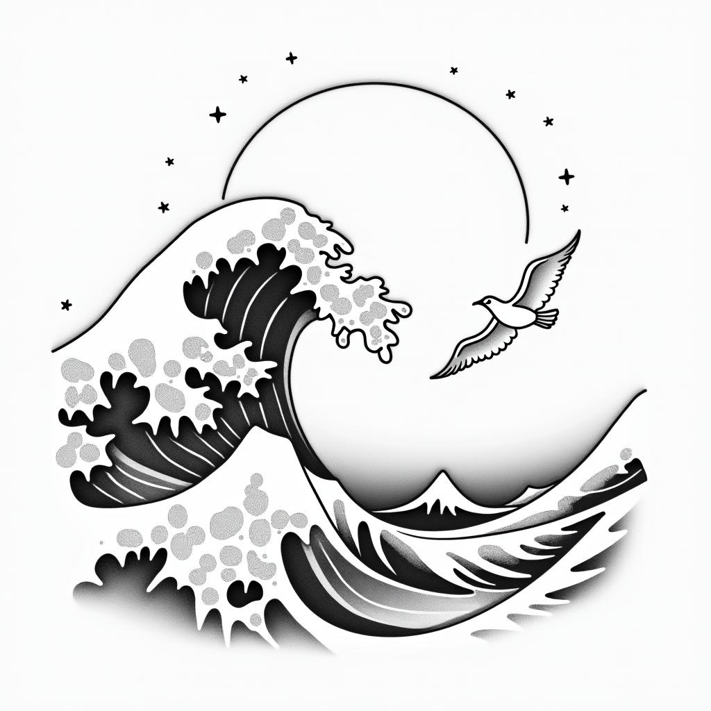 Wave but not. The great wave of Kanagawa , full moon nd star's with two seagullsin Modest style tattoo, featuring soft, delicate line work with simple and meaningful symbols, gentle waves, a heart, evoking a sense of serenity and grace, - Variation 2