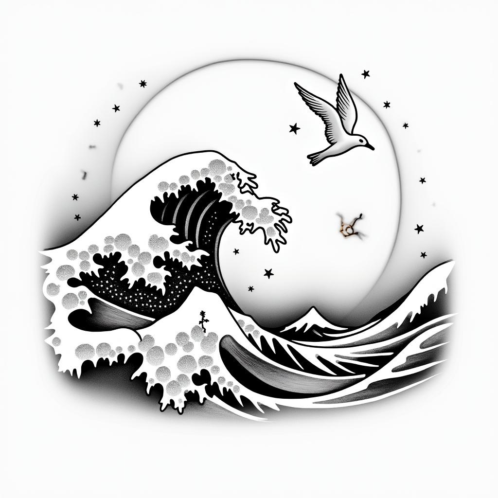 Wave but not. The great wave of Kanagawa , full moon nd star's with two seagullsin Modest style tattoo, featuring soft, delicate line work with simple and meaningful symbols, gentle waves, a heart, evoking a sense of serenity and grace, - Variation 4
