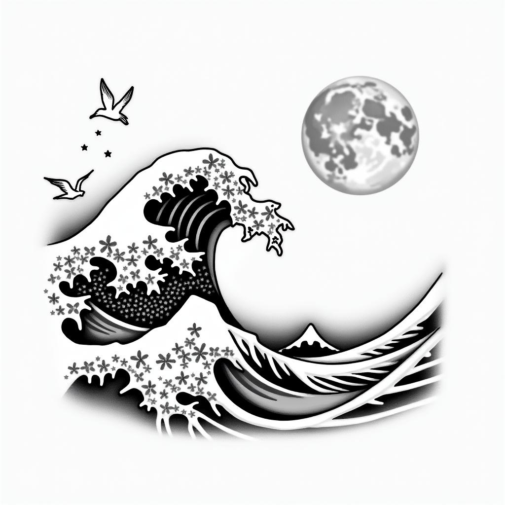 Wave but not. The great wave of Kanagawa , full moon nd star's with two seagullsin Modest style tattoo, featuring soft, delicate line work with simple and meaningful symbols, gentle waves, a heart, evoking a sense of serenity and grace, - Variation 3