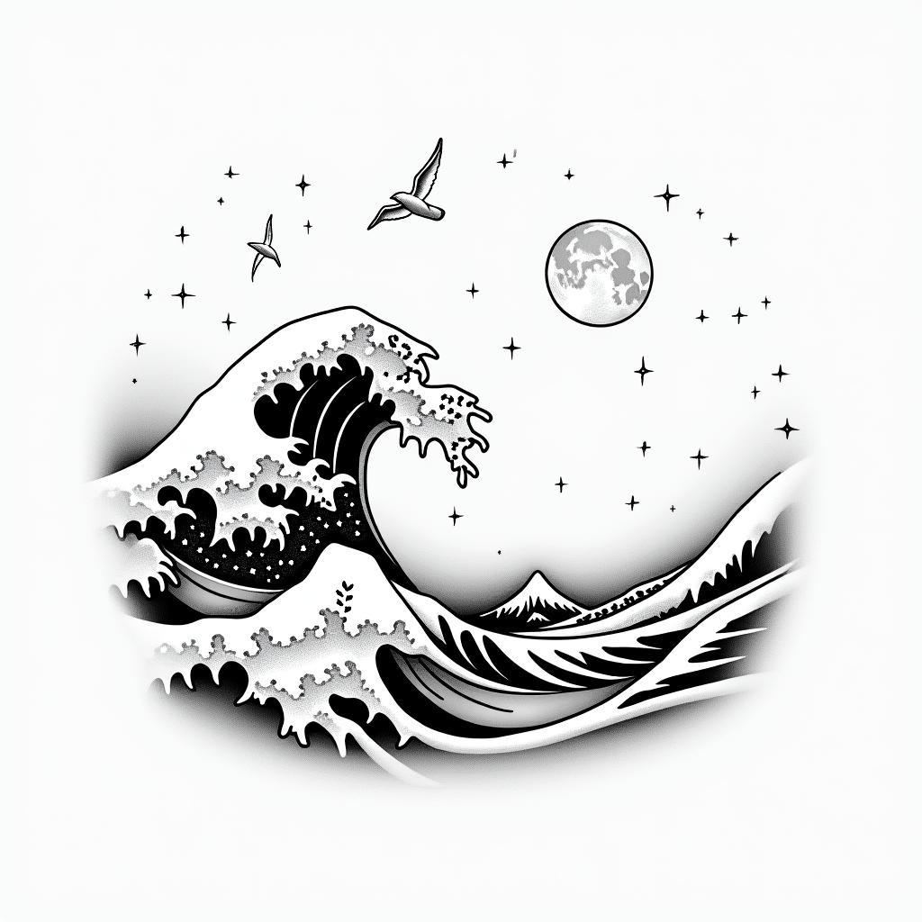 Wave but not. The great wave of Kanagawa , full moon nd star's with two seagullsin Modest style tattoo, featuring soft, delicate line work with simple and meaningful symbols, gentle waves, a heart, evoking a sense of serenity and grace,