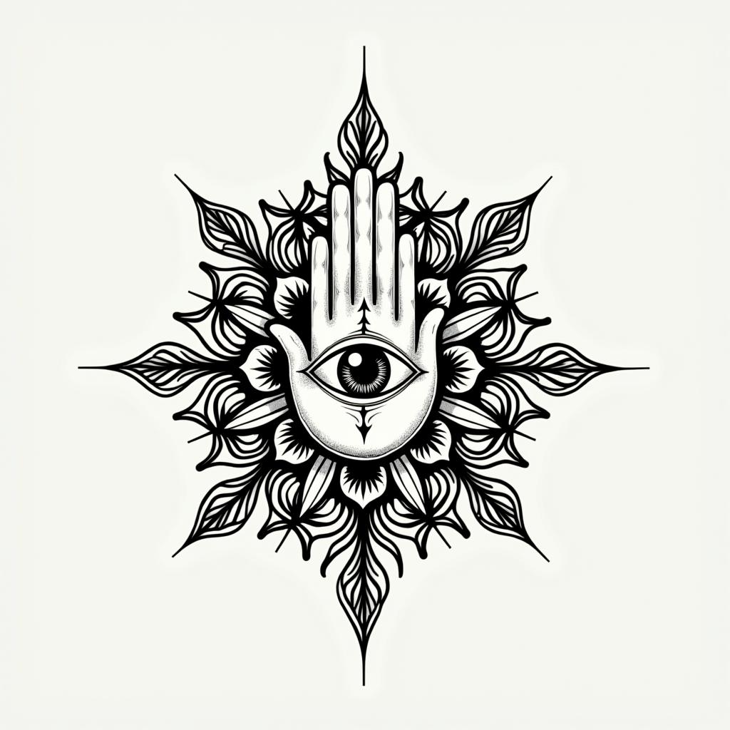Theodoro, Libra, Belo Horizontein spiritual symbols tattoo style, featuring an intricate design incorporating elements, Hamsa hand, third eye, minimalist composition