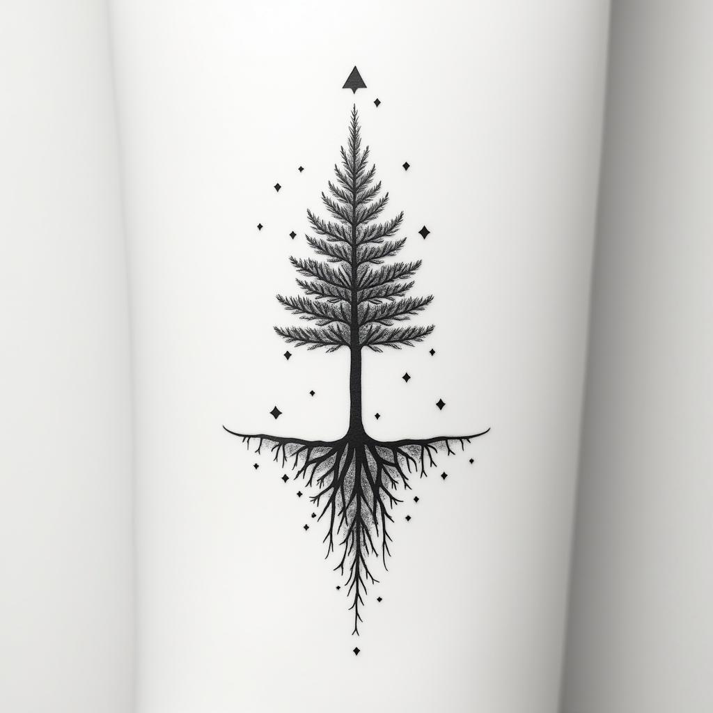 Puzzle and treein minimalist style tattoo, featuring simple shapes and fine lines, with minimal shading and details, tiny triangles, creating a sense of balance and harmony - Variation 3