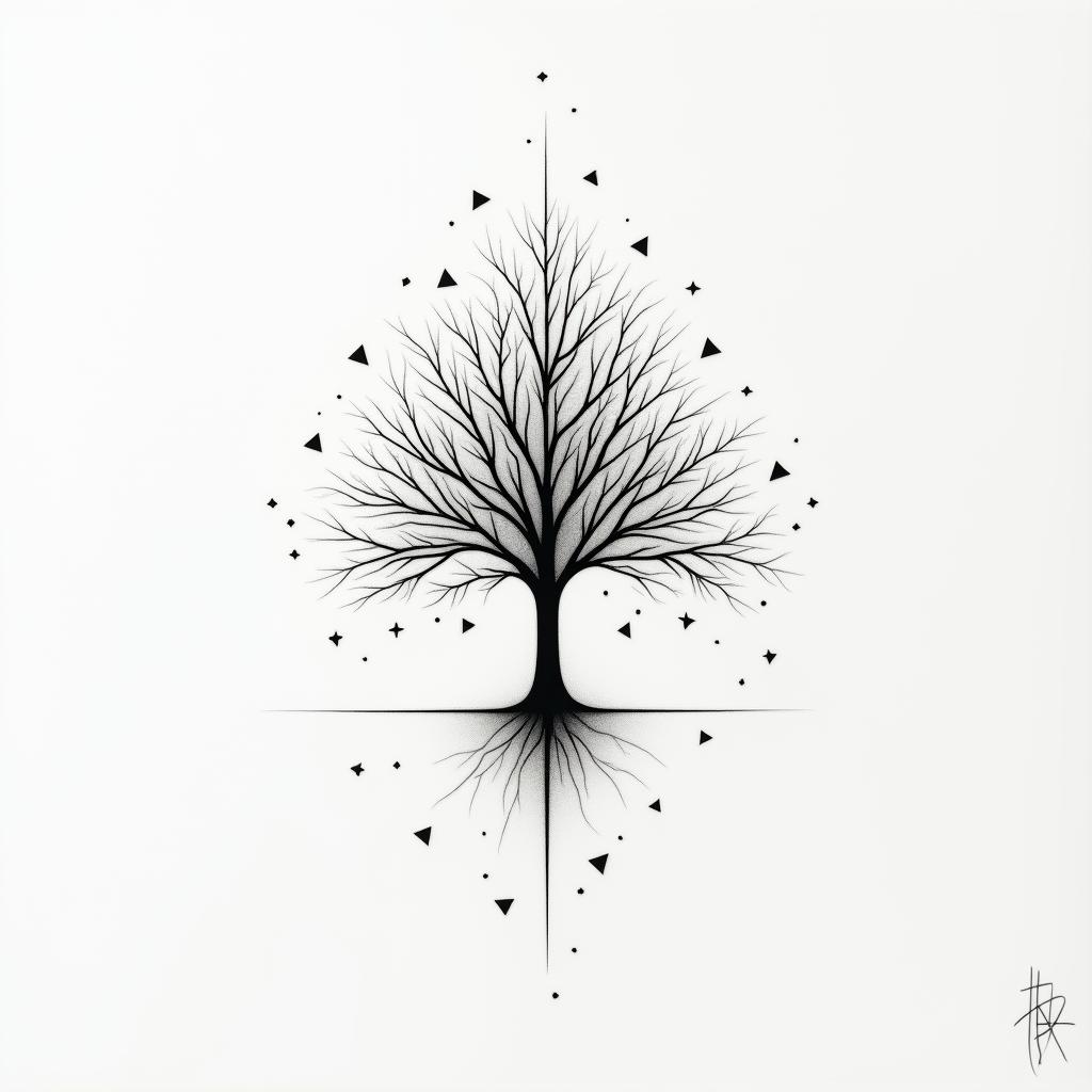Puzzle and treein minimalist style tattoo, featuring simple shapes and fine lines, with minimal shading and details, tiny triangles, creating a sense of balance and harmony - Variation 4
