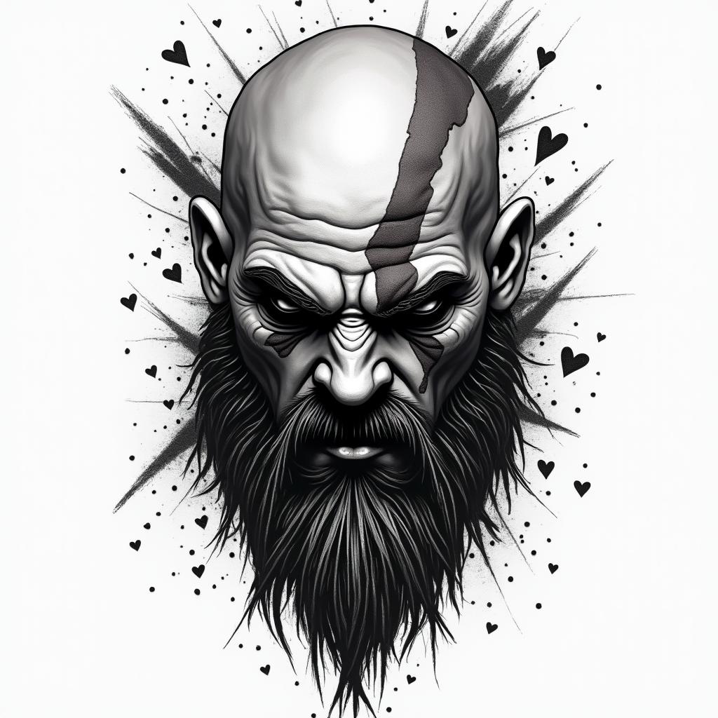 Kratos' facein graffiti style tattoo, featuring bold and dynamic street art elements, spray-paint texture with exaggerated lines and expressive, chaotic brushstrokes, intricate lettering incorporated with graffiti tags, symbols like hearts, stars, and wings - Variation 2