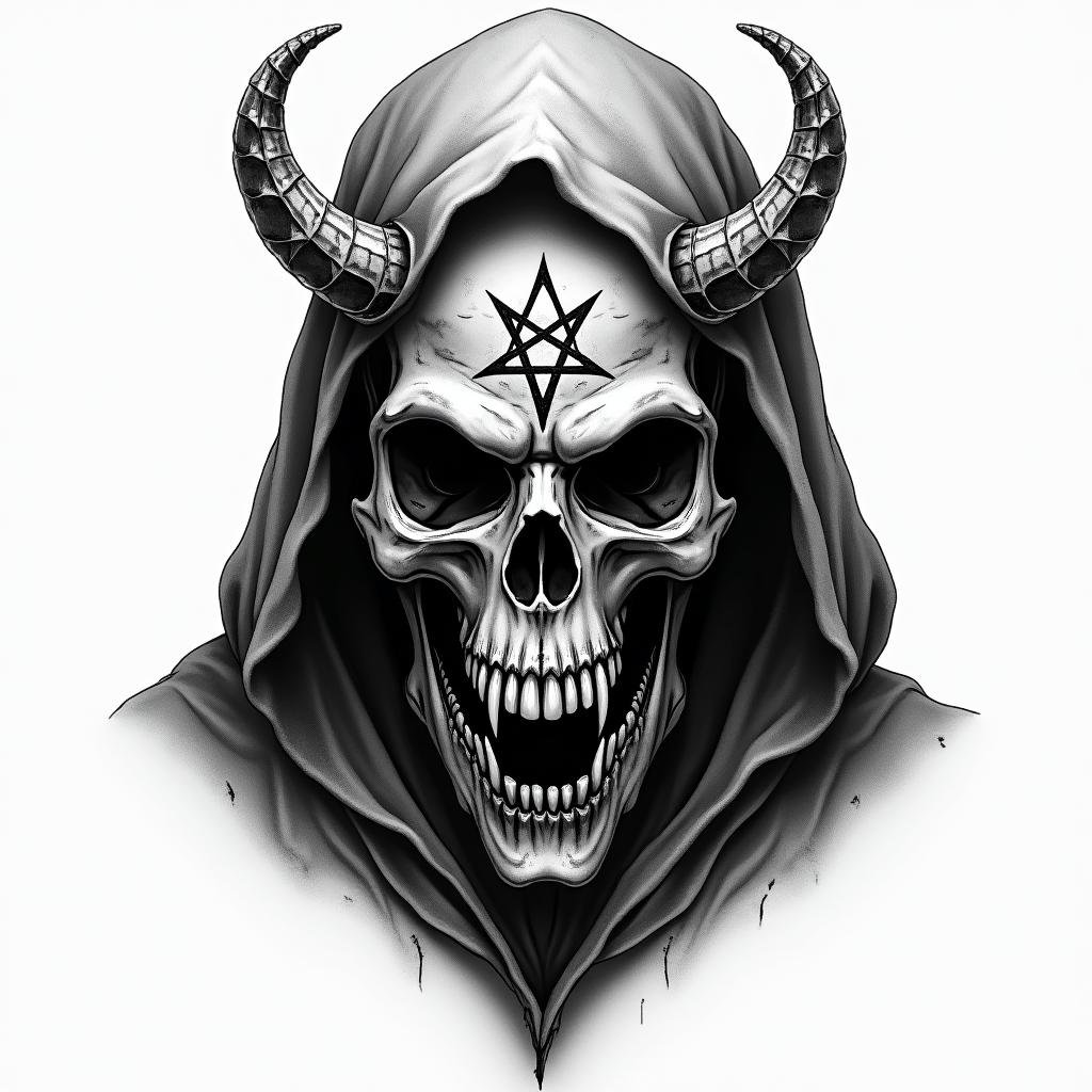 Grim Reapercreepy horror tattoo style, featuring an eerie and unsettling skull of a demonic creature, distorted face with sharp fangs, add pentagram symbol - Variation 4