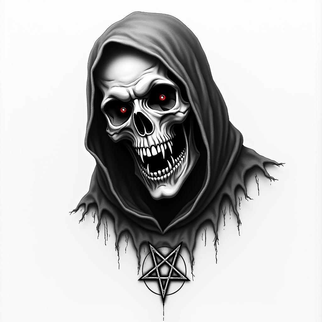 Grim Reapercreepy horror tattoo style, featuring an eerie and unsettling skull of a demonic creature, distorted face with sharp fangs, add pentagram symbol - Variation 3