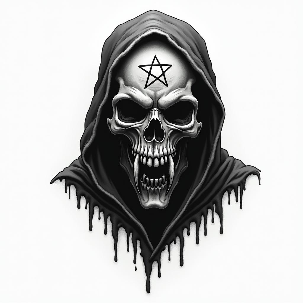 Grim Reapercreepy horror tattoo style, featuring an eerie and unsettling skull of a demonic creature, distorted face with sharp fangs, add pentagram symbol - Variation 2