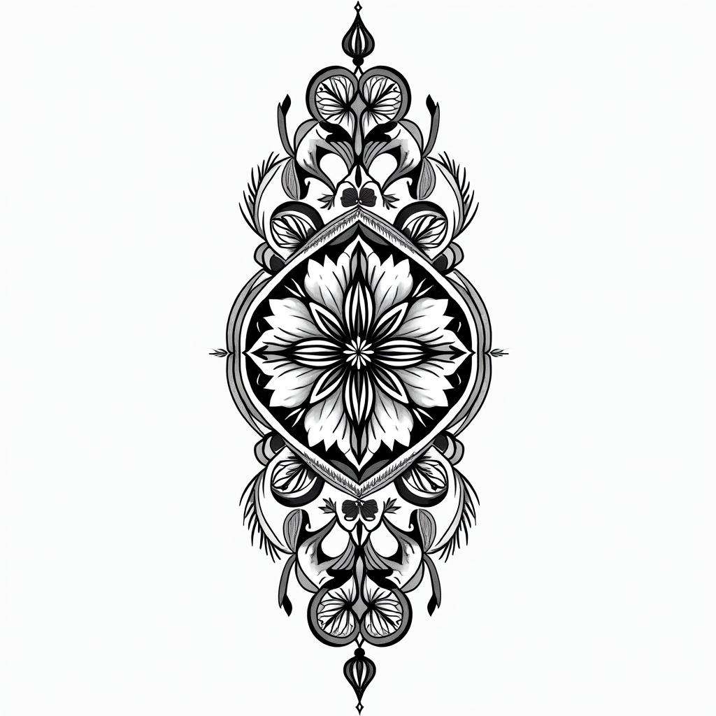 AYMEE, Aquarius, indigenousin ornamental tattoo style, featuring intricate symmetrical patterns and floral designs, showcasing highly detailed line work and geometric shapes, creating a sense of elegance and balance
