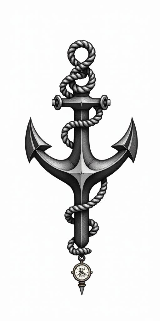 Anchor with nautical rope and compasstext-based tattoo, japanese font ultra-realistic, perfectly placed, high-quality font design, photo-realistic shading, 8k, high quality, finely detailed typograph