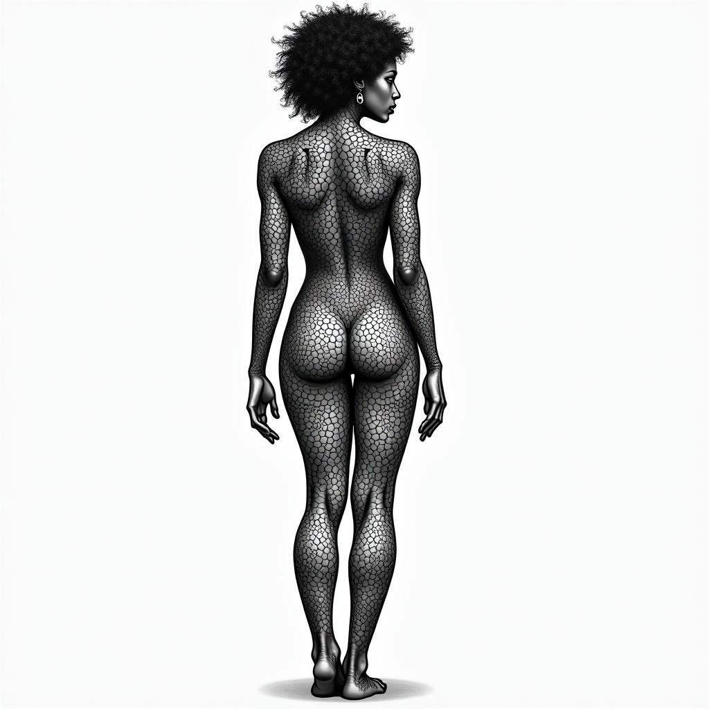 Tattoo of an ebony goddess for the calf that looks sensual and has a really nice body that is shown in the tattoo.in dotwork style tattoo, complex mandala patterns, interlocking geometric shapes with sharp symmetry, clean lines, sharp angles