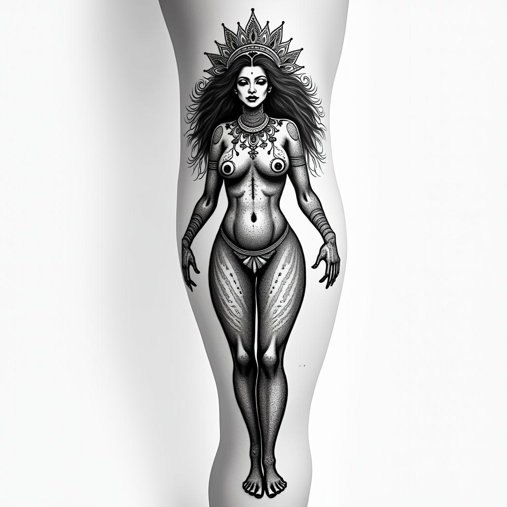 Tattoo of an ebony goddess for the calf that looks sensual and has a really nice body that is shown in the tattoo.in dotwork style tattoo, complex mandala patterns, interlocking geometric shapes with sharp symmetry, clean lines, sharp angles - Variation 2