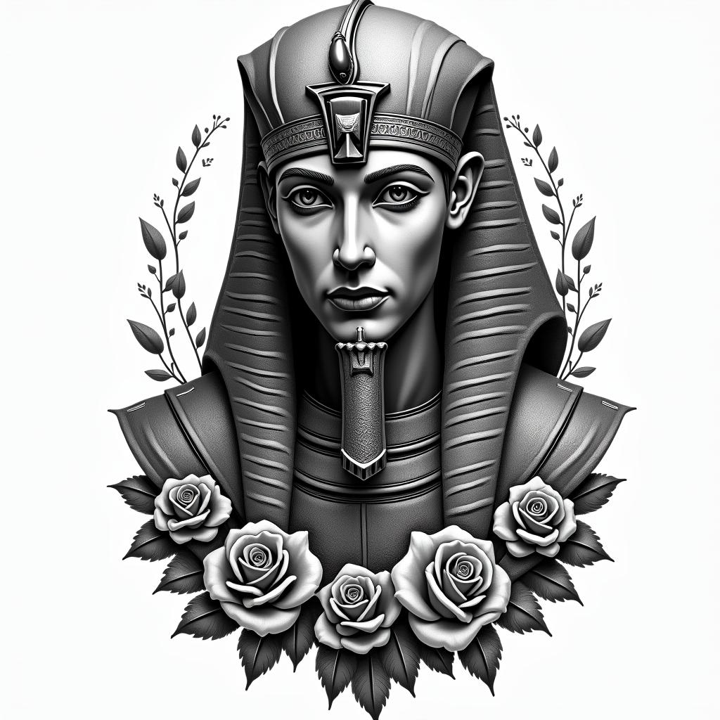 Medieval knight with rosesin egyptian style tattoo, bold elements of ancient egyptian culture including a portrait of an Egyptian pharaoh with detailed facial features, in hieroglyphs and symbolic imagery, eye of horus, ankh symbol, scarab beetle