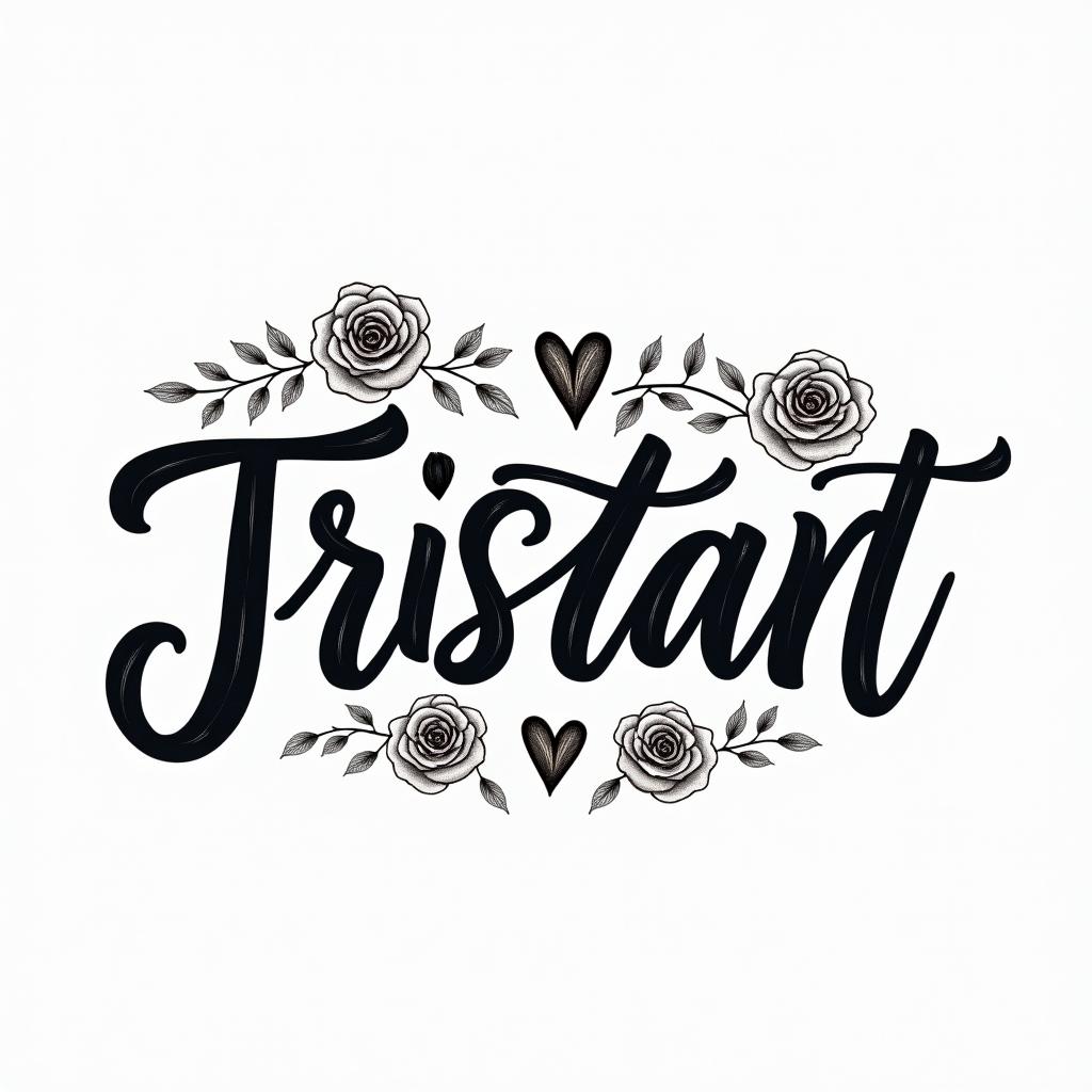 Tristan Juliet Jacein elegant cursive calligraphy style 2d tattoo, decorate with roses, featuring a smooth and flowing handwritten script with slightly thickened strokes for a luxurious and bold appearance, heart symbol between names, sleek and glossy black text with shadowing, minimalist matte white background, clean and sharp edges, illuminated with soft lighting, romantic, 8k, high-quality textures with refined typography - Variation 4
