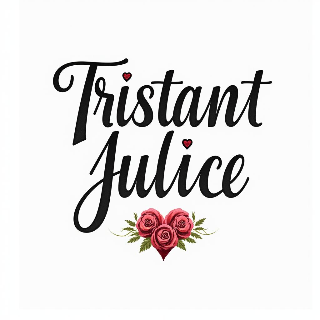 Tristan Juliet Jacein elegant cursive calligraphy style 2d tattoo, decorate with roses, featuring a smooth and flowing handwritten script with slightly thickened strokes for a luxurious and bold appearance, heart symbol between names, sleek and glossy black text with shadowing, minimalist matte white background, clean and sharp edges, illuminated with soft lighting, romantic, 8k, high-quality textures with refined typography
