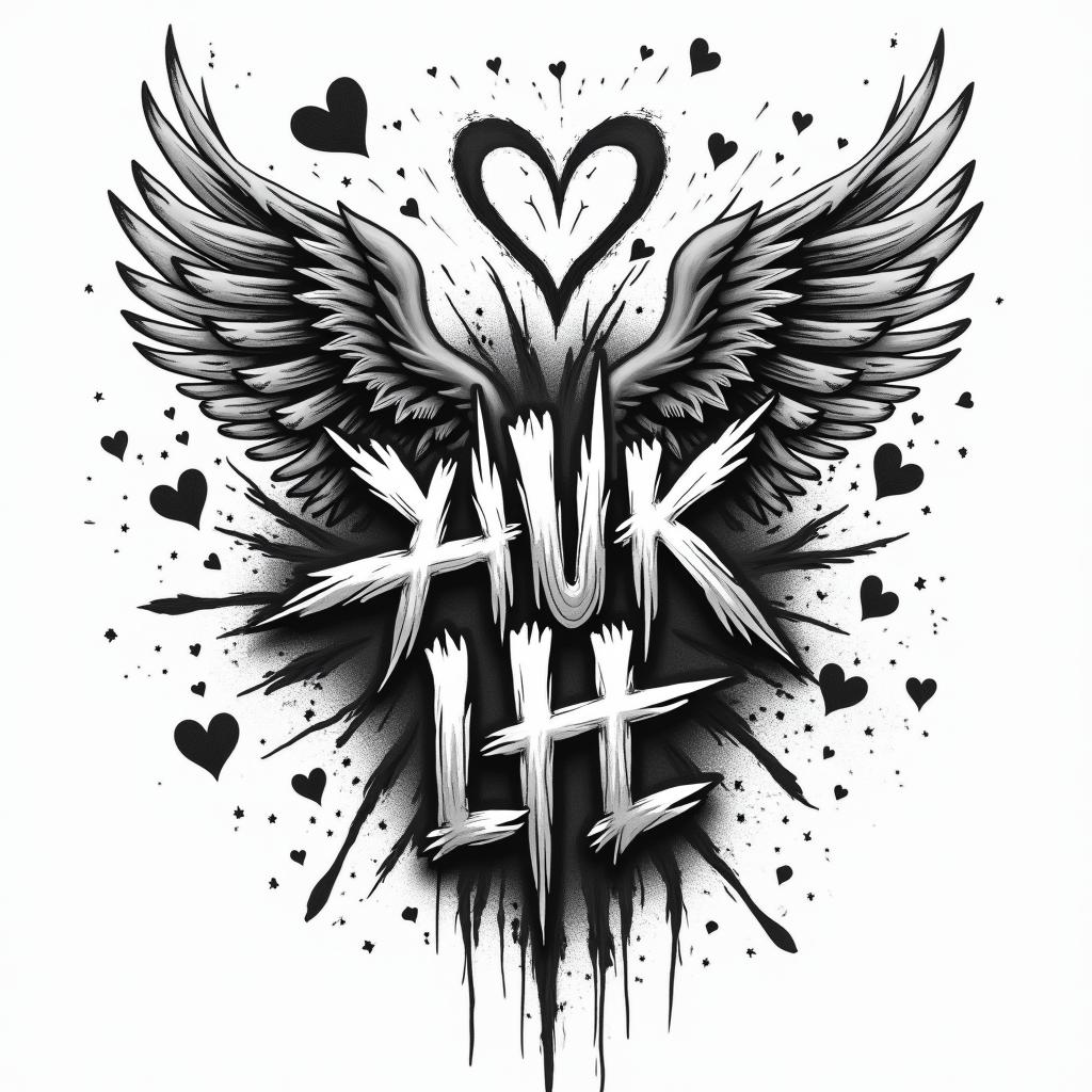 Mascara anonymousin graffiti style tattoo, featuring bold and dynamic street art elements, spray-paint texture with exaggerated lines and expressive, chaotic brushstrokes, intricate lettering incorporated with graffiti tags, symbols like hearts, stars, and wings - Variation 2