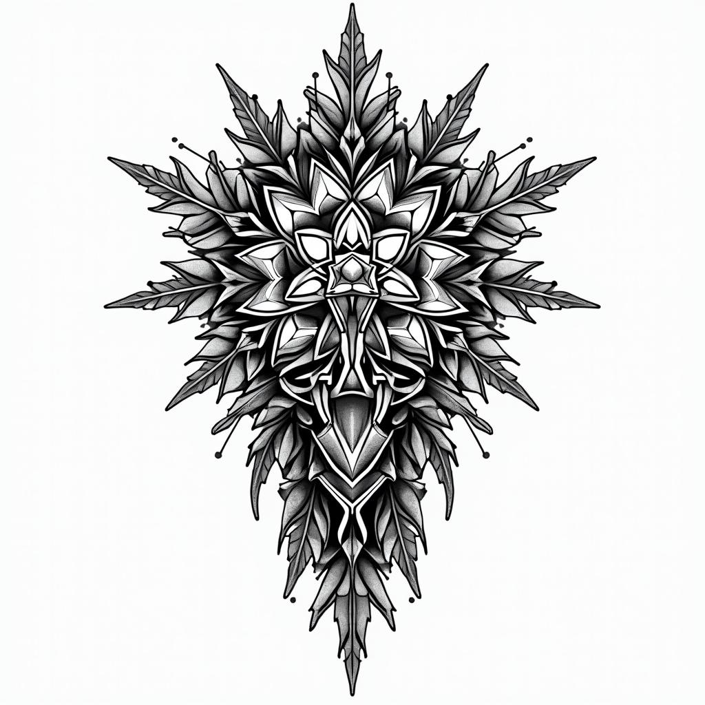 Magical African art native American art in geometric style tattoo, blending hexagons, mandala-inspired patterns, symmetrical and fractal design, clean lines, sharp angles - Variation 4