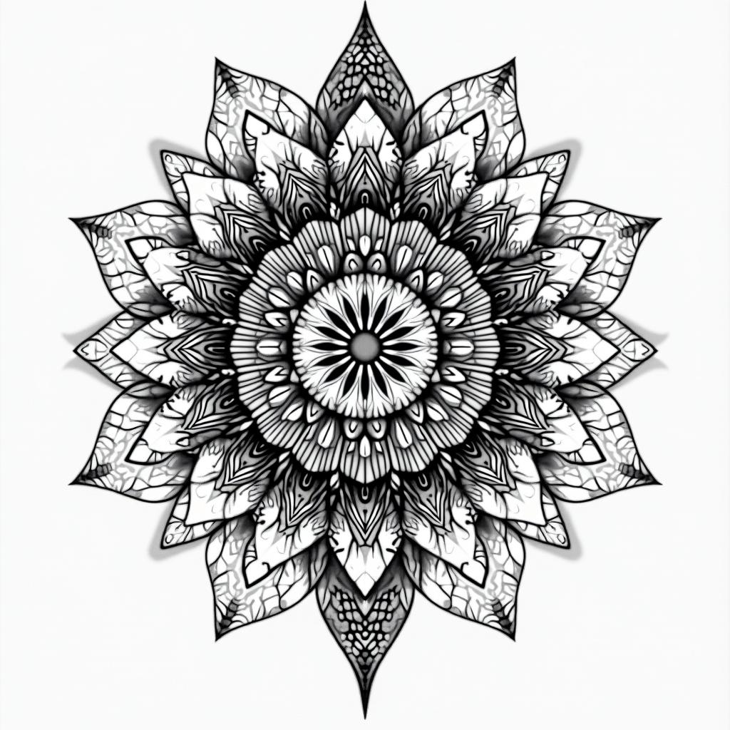 Magical African art native American art in geometric style tattoo, blending hexagons, mandala-inspired patterns, symmetrical and fractal design, clean lines, sharp angles - Variation 3