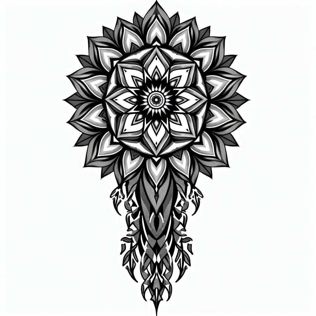 Magical African art native American art in geometric style tattoo, blending hexagons, mandala-inspired patterns, symmetrical and fractal design, clean lines, sharp angles - Variation 2