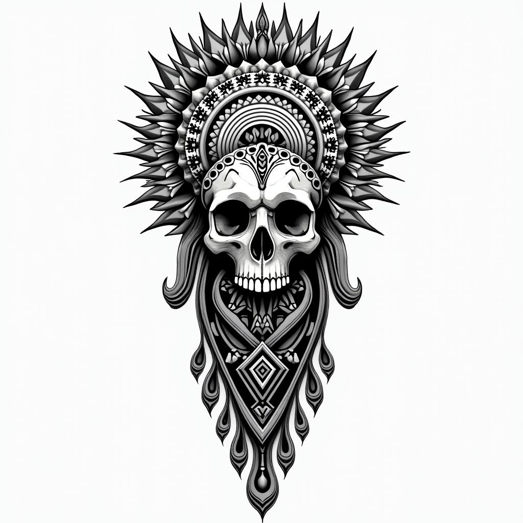 Magical African art native American art in geometric style tattoo, blending hexagons, mandala-inspired patterns, symmetrical and fractal design, clean lines, sharp angles