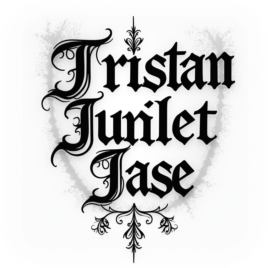 Tristan Juliet Jacetext-based tattoo, gothic font ultra-realistic, perfectly placed, high-quality font design, photo-realistic shading, 8k, high quality, finely detailed typography