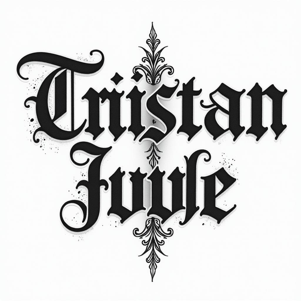 Tristan Juliet Jacetext-based tattoo, gothic font ultra-realistic, perfectly placed, high-quality font design, photo-realistic shading, 8k, high quality, finely detailed typography - Variation 3