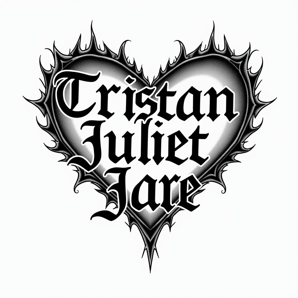 Tristan Juliet Jacetext-based tattoo, gothic font ultra-realistic, perfectly placed, high-quality font design, photo-realistic shading, 8k, high quality, finely detailed typography - Variation 4