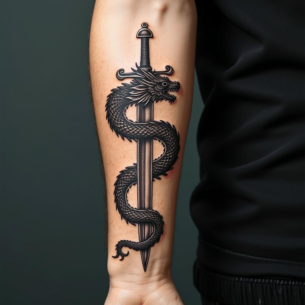 Majestic dragon coiled around a swordtext-based tattoo, gothic font ultra-realistic, perfectly placed, high-quality font design, photo-realistic shading, 8k, high quality, finely detailed typography