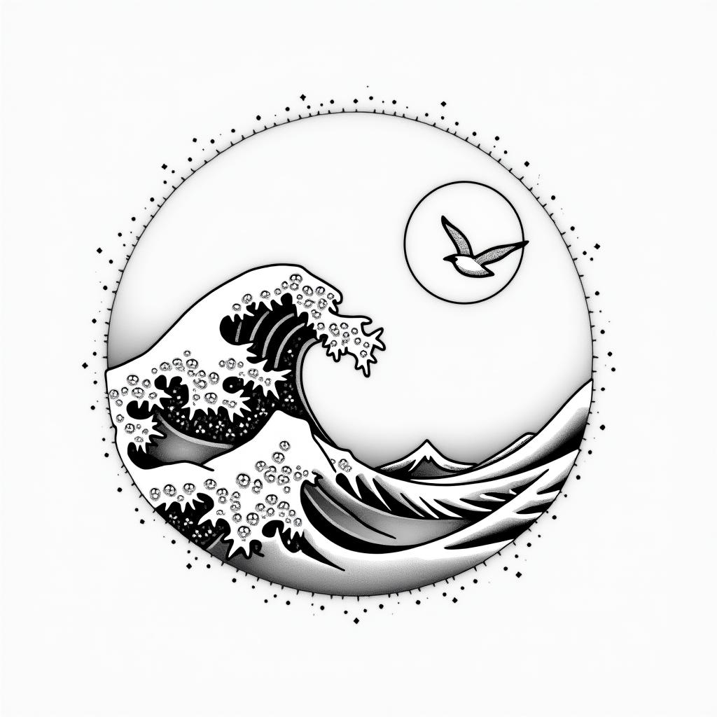 Wave but not. The great wave of Kanagawa , full moon nd star's with two seagullsin minimalist style tattoo, featuring simple shapes and fine lines, with minimal shading and details, tiny triangles, creating a sense of balance and harmony - Variation 2