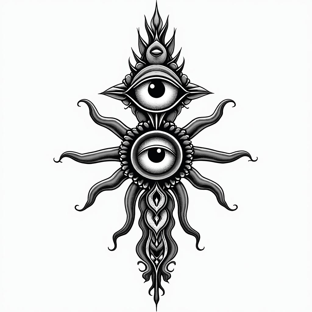 African art native American art esoteric metaphysicalin spiritual symbols tattoo style, featuring an intricate design incorporating elements, Hamsa hand, third eye, minimalist composition