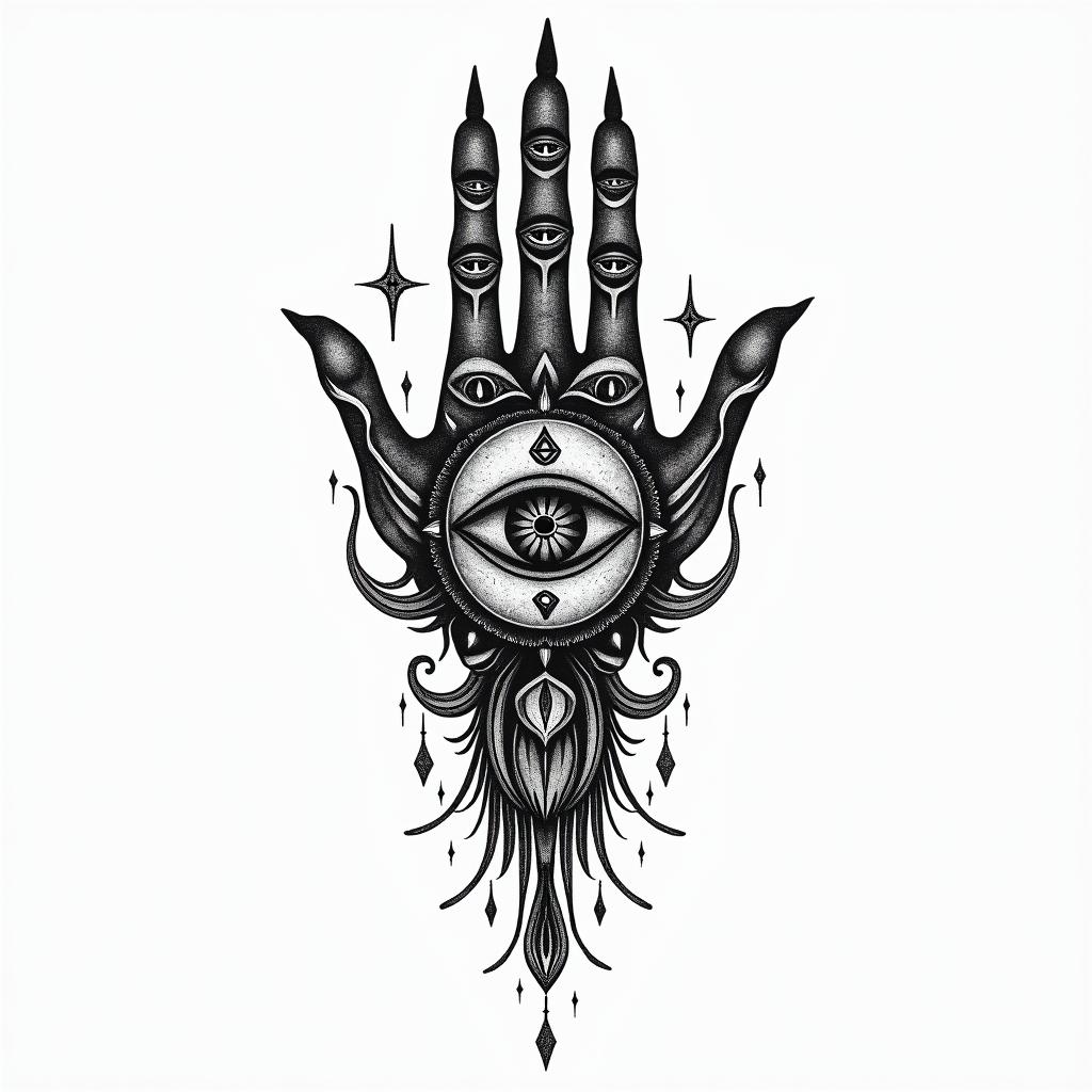 African art native American art esoteric metaphysicalin spiritual symbols tattoo style, featuring an intricate design incorporating elements, Hamsa hand, third eye, minimalist composition - Variation 2