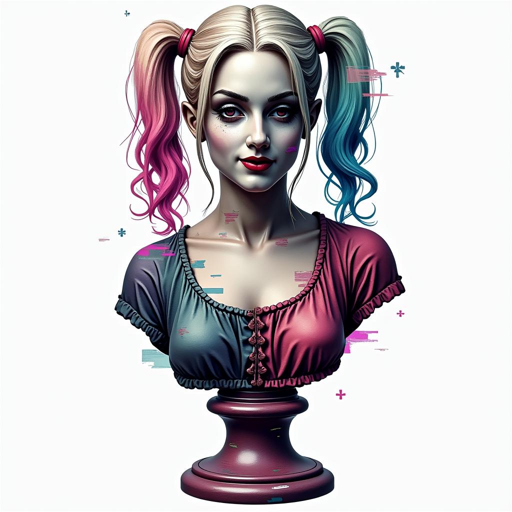 Harley Quinnin distorted and fragmented tattoo design, featuring a classical statue bust, in a glitch art style with vibrant, overlapping colors of cyan, magenta, and yellow, creating a digital distortion effect - Variation 4