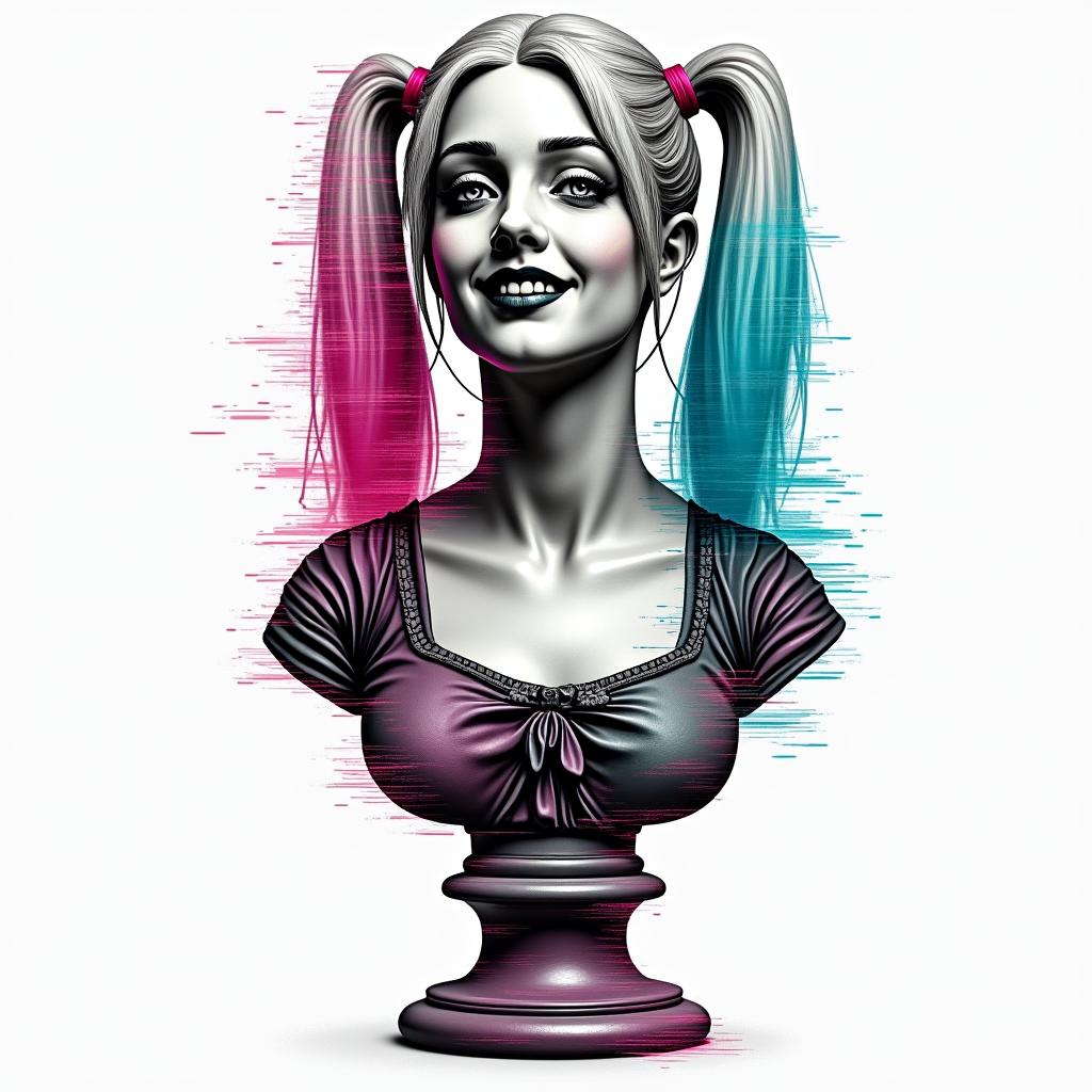 Harley Quinnin distorted and fragmented tattoo design, featuring a classical statue bust, in a glitch art style with vibrant, overlapping colors of cyan, magenta, and yellow, creating a digital distortion effect
