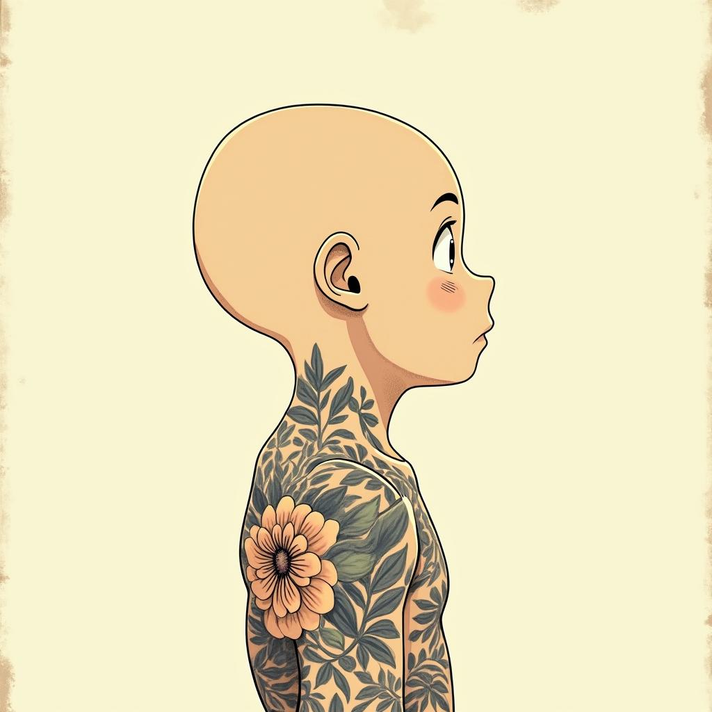 TristanGhibli, Studio Ghibli aesthetic, hand-drawn anime style, retro nostalgic atmosphere, retro soft pastel color palette with earthy tones, retro Japanese cinematic shot, yellow tint effect, bald character, smooth surface, anime shadow 90's anime style - Variation 3