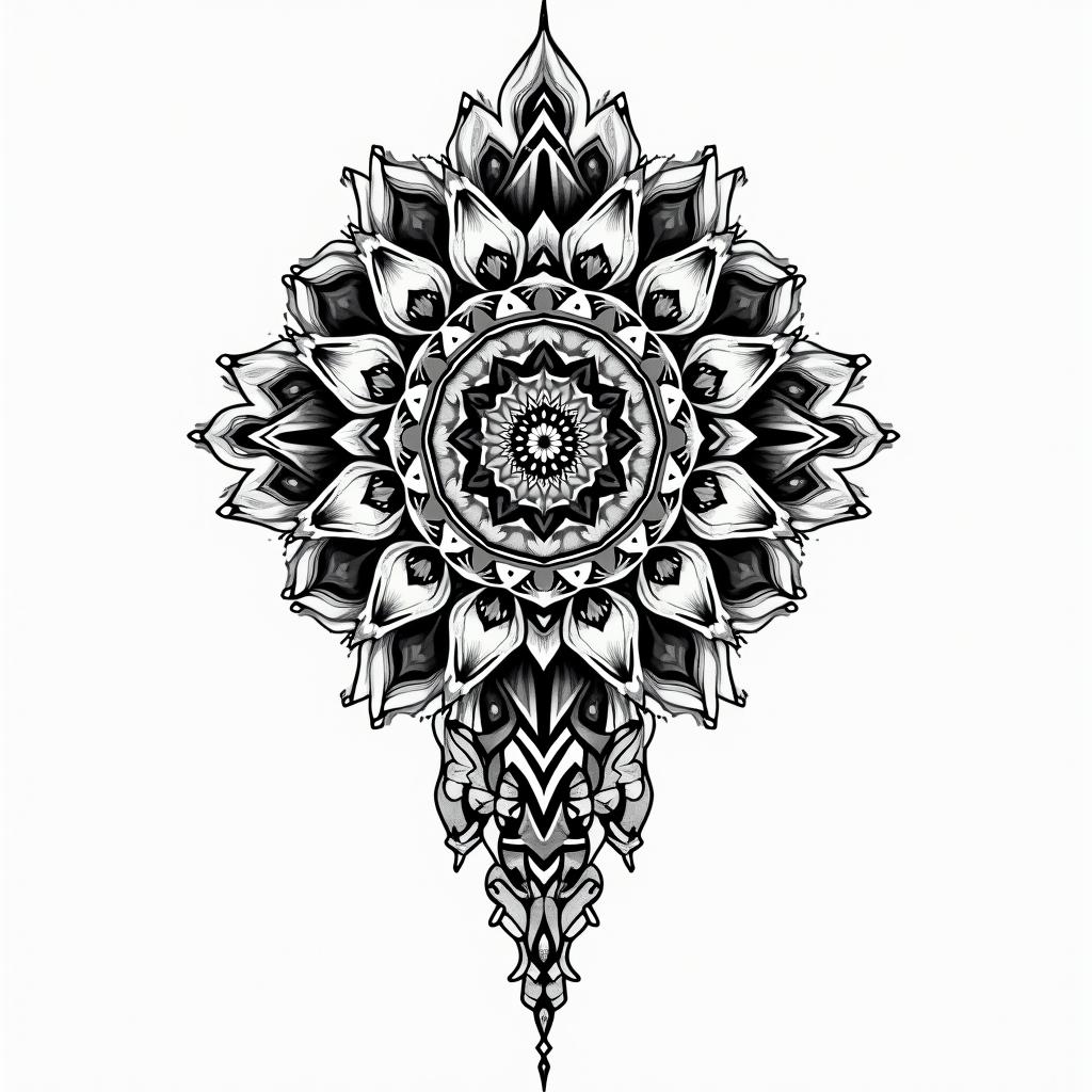 African art native American art esoteric metaphysical in geometric style tattoo, blending hexagons, mandala-inspired patterns, symmetrical and fractal design, clean lines, sharp angles - Variation 2