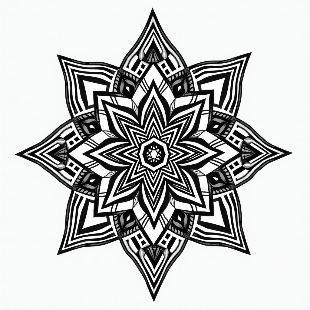 African art native American art esoteric metaphysical in geometric style tattoo, blending hexagons, mandala-inspired patterns, symmetrical and fractal design, clean lines, sharp angles