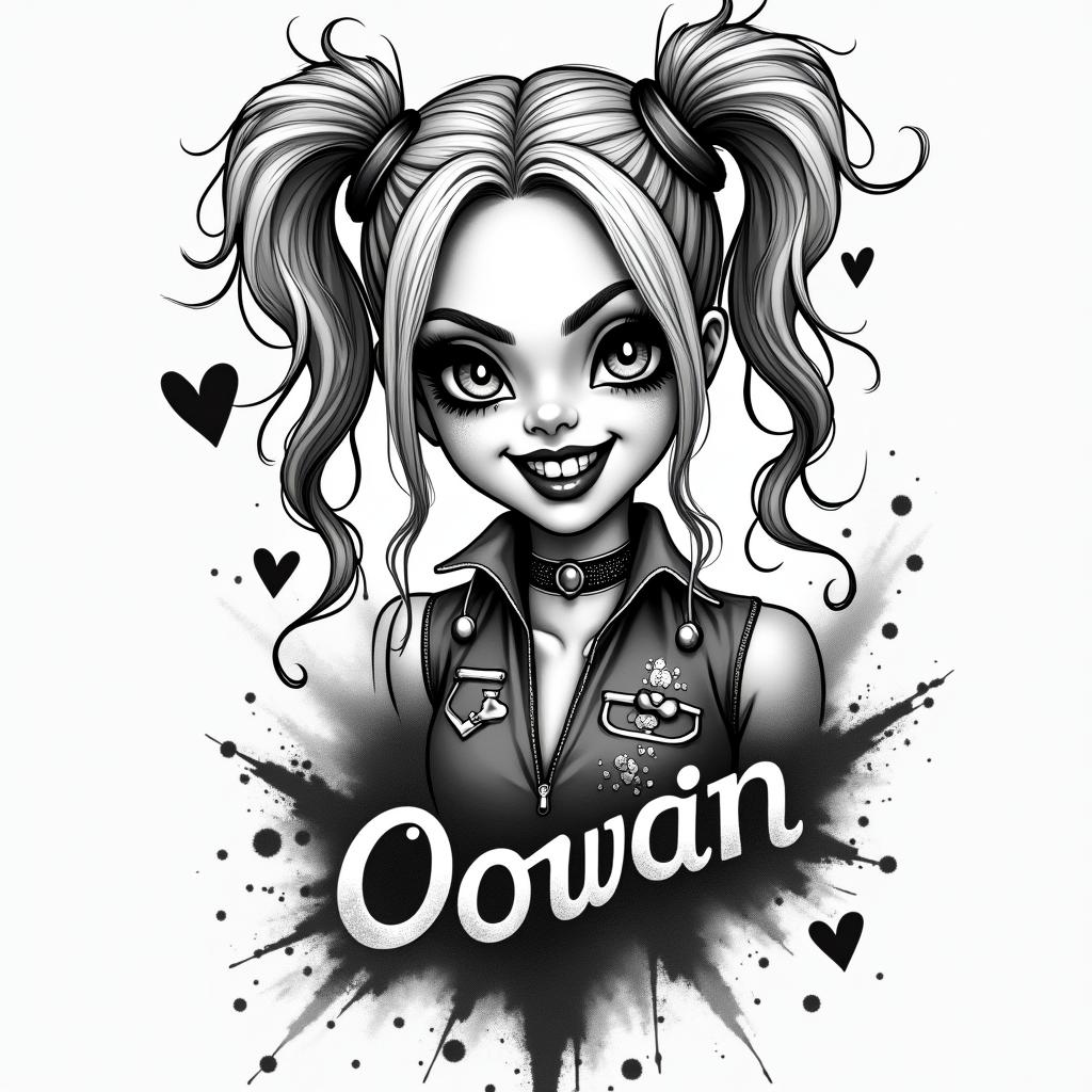 Harley Quinn dollin graffiti style tattoo, featuring bold and dynamic street art elements, spray-paint texture with exaggerated lines and expressive, chaotic brushstrokes, intricate lettering incorporated with graffiti tags, symbols like hearts, stars, and wings