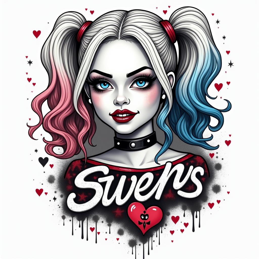 Harley Quinn dollin graffiti style tattoo, featuring bold and dynamic street art elements, spray-paint texture with exaggerated lines and expressive, chaotic brushstrokes, intricate lettering incorporated with graffiti tags, symbols like hearts, stars, and wings - Variation 4