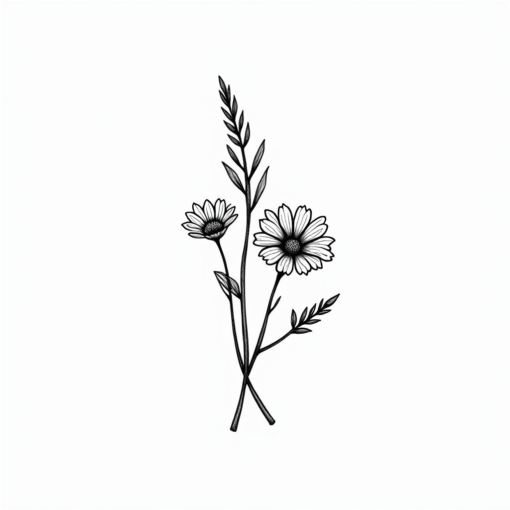 Snow drop flower and daisy bouquet, small, fine line, minimalin bohemian style tattoo, 8k