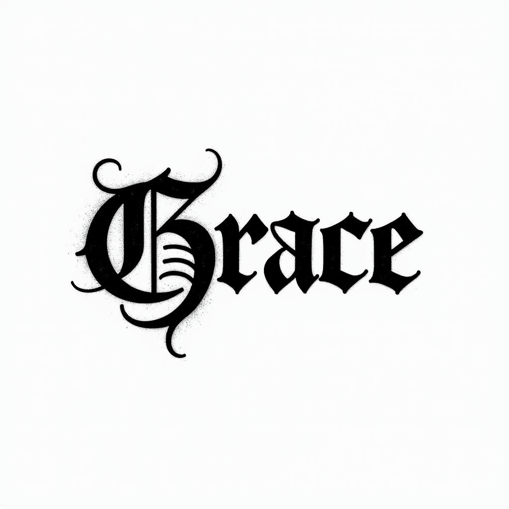 Gracetext-based tattoo, gothic font ultra-realistic, perfectly placed, high-quality font design, photo-realistic shading, 8k, high quality, finely detailed typography - Variation 7