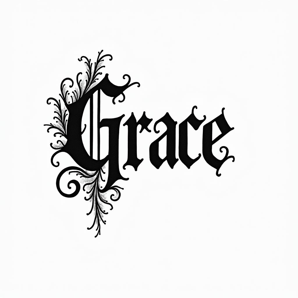Gracetext-based tattoo, gothic font ultra-realistic, perfectly placed, high-quality font design, photo-realistic shading, 8k, high quality, finely detailed typography - Variation 5